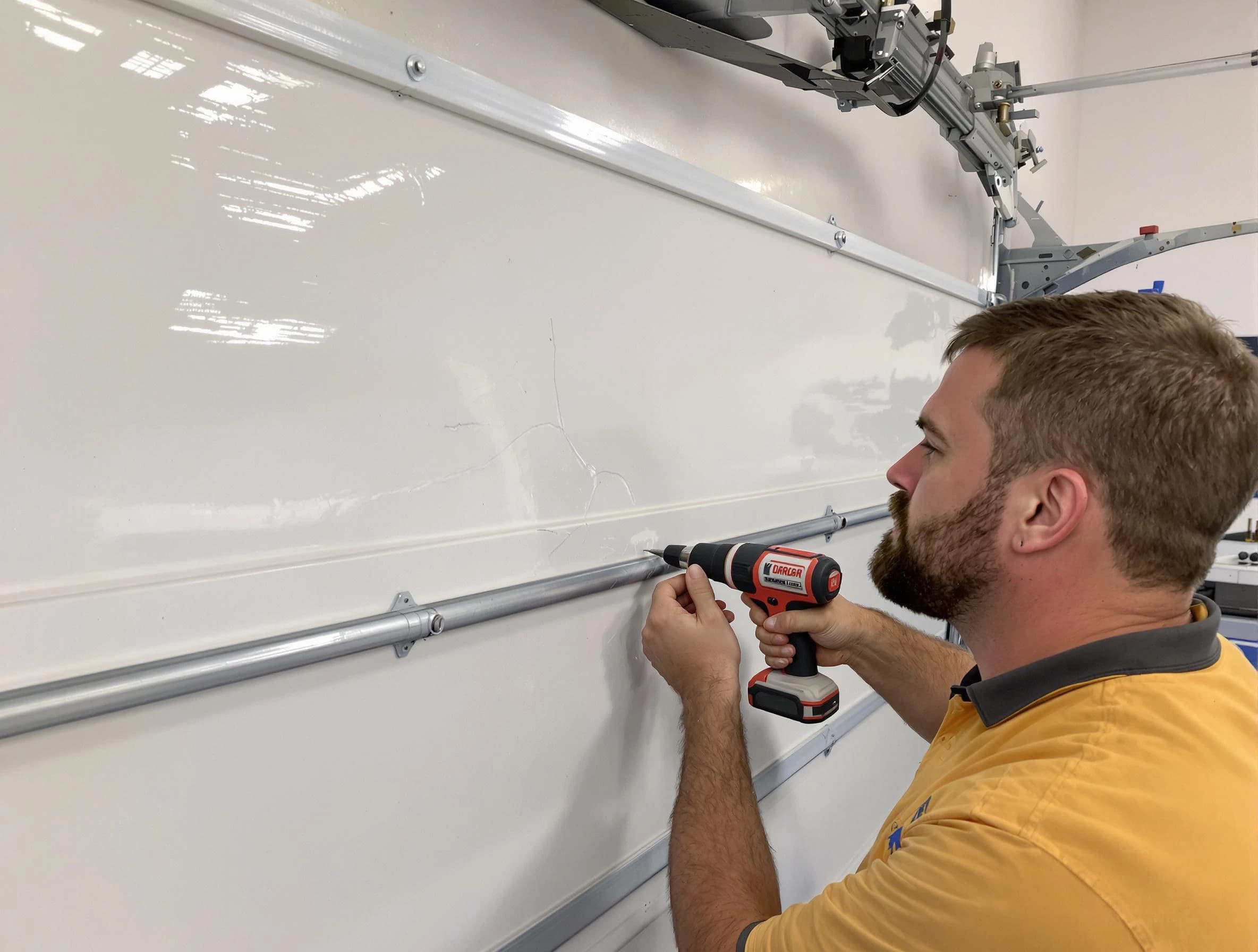 Sarasota Garage Door Repair expert performing dent repair on garage door in Sarasota