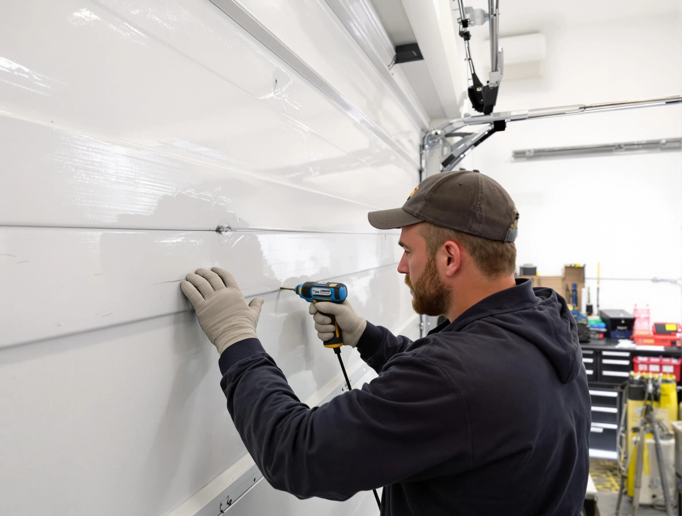Sarasota Garage Door Repair technician demonstrating precision dent removal techniques on a Sarasota garage door