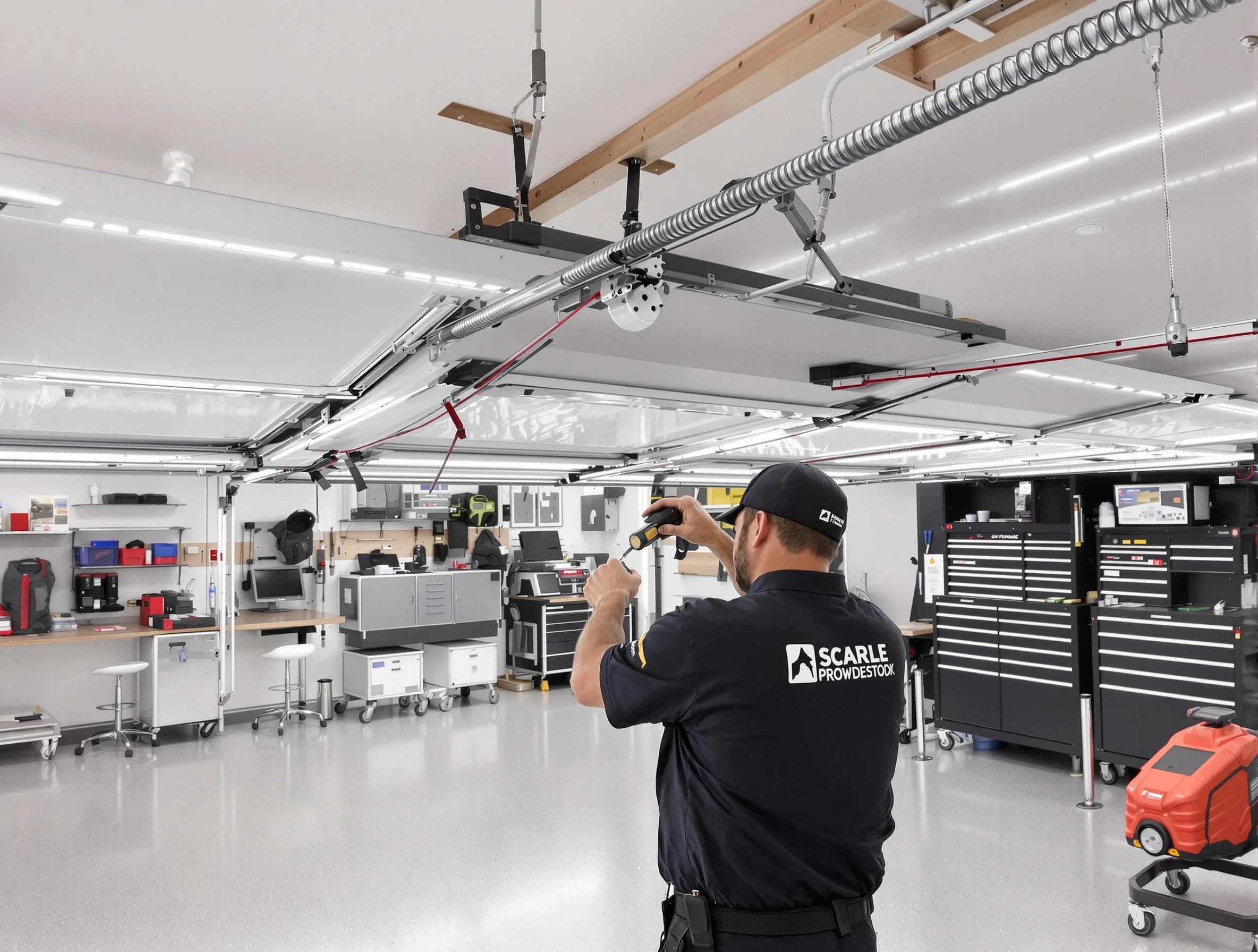 Sarasota Garage Door Repair technician repairing overhead garage door in Sarasota