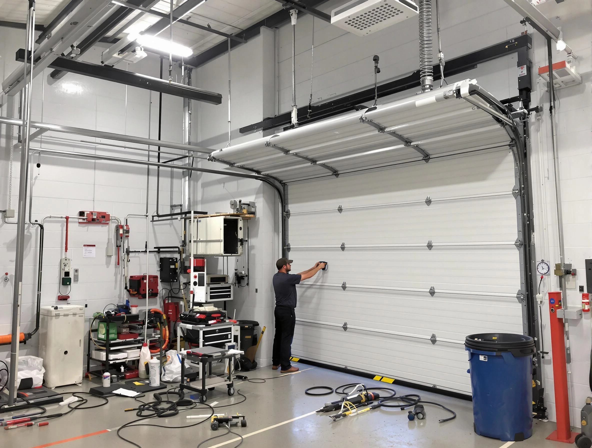 Sarasota Garage Door Repair certified technician performing commercial door repair at a Sarasota business facility