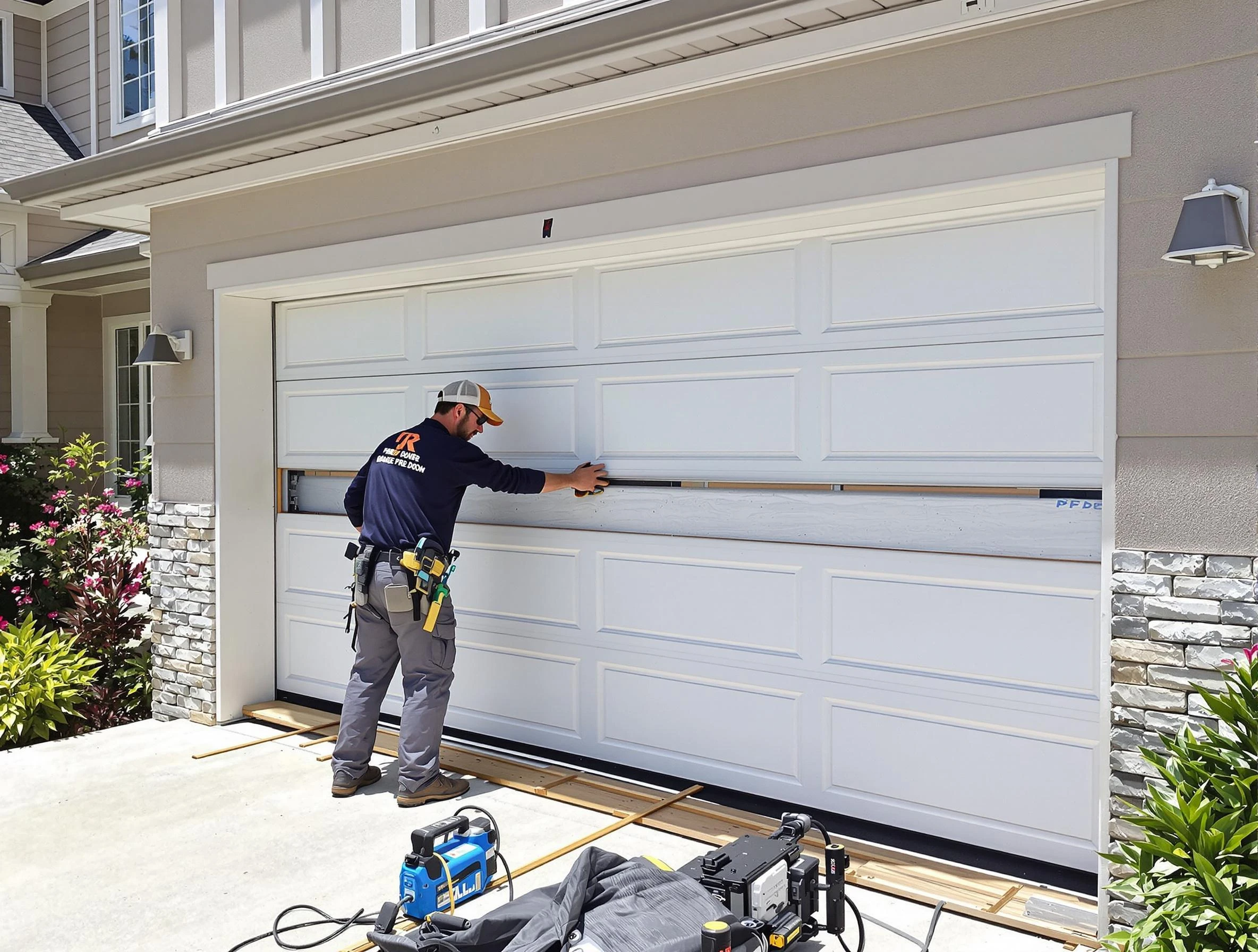 Sarasota Garage Door Repair team performing complete garage door replacement at Sarasota residence