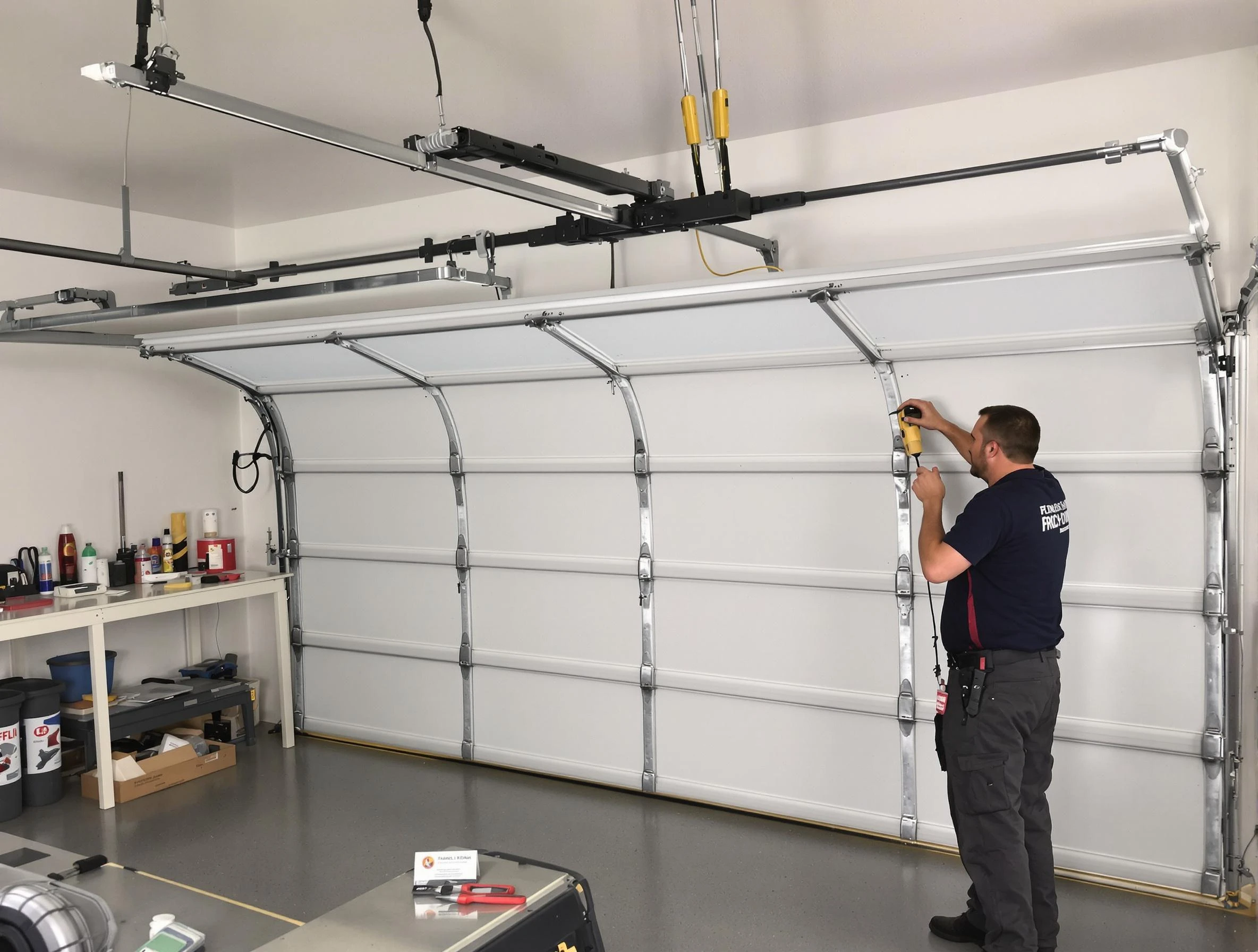 Sarasota Garage Door Repair certified technician performing overhead door system repair in Sarasota