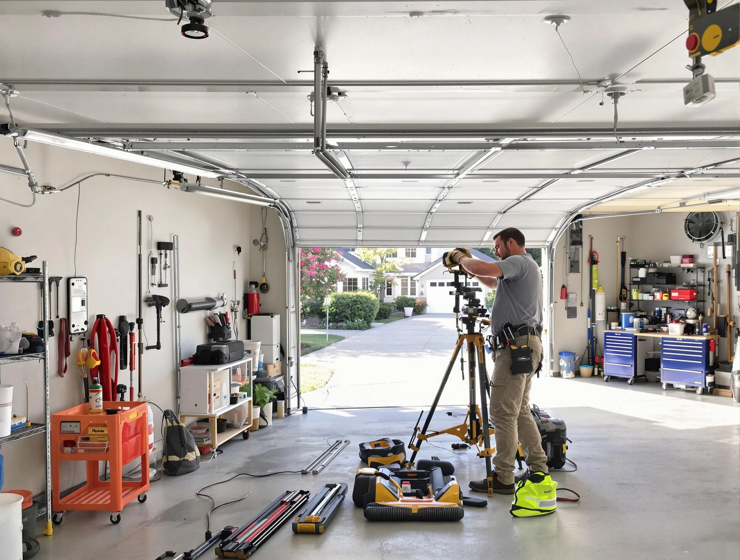 Sarasota Garage Door Repair specialist performing laser-guided track alignment in Sarasota